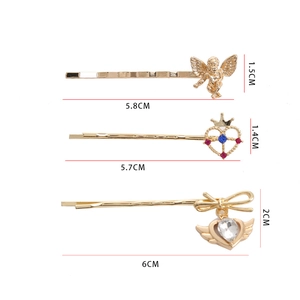 Dreiteiliges goldenes Engel-Haarklammer-Set mit Kronen-Herz-Motiv und Strasssteinen