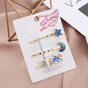 Starry sky hair clip set with blue glitter moon and star on elegant gold alloy base