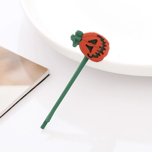 Cute Halloween Jack-o'-lantern hair clip with orange pumpkin and green metal hairpin