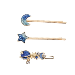 Japanese style gold celestial hair pin set with blue moon, stars and crystal studs
