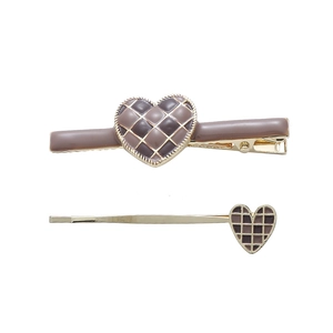 Mocha brown checkered heart hair clip set with golden metal base on white background