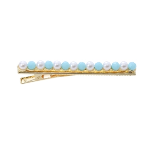 Elegant gold-plated duckbill hair clip with white pearls and light blue crystal beads