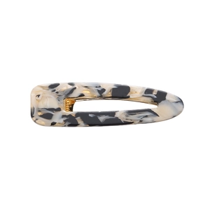 Hollow teardrop hair clip with black and white marble pattern and gold metal inner clip