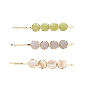Three-piece set of elegant marble bead hair clips with gold metal frames for daily styling