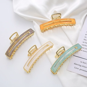 Large Metal Hair Claw Clip For Women Acetate Rectangular Hair Jaw Clips Gold Plated Geometric Shark Clip Elegant Hair Accessories