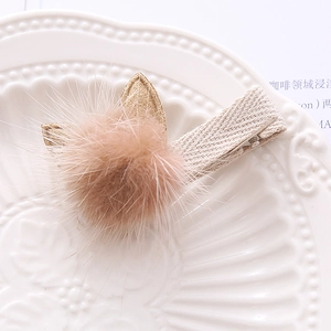 Cute plush rabbit ear hair clip with faux fur ball and gold sequins for women and girls