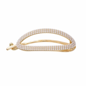 Elegante fermaglio per capelli ovale dorato con perle finte e un design traforato