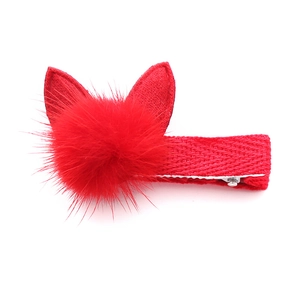 Cute red plush rabbit ear hair clip with fuzzy pom-pom and ribbon-wrapped metal alligator base
