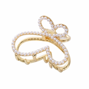 Elegant gold alloy heart hair claw clip with white pearls for high ponytail styling