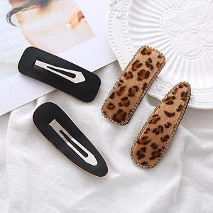 Leopard print velvet hair clips with gold rhinestones in waterdrop and rectangular shapes