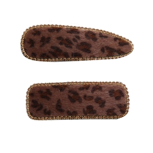 Leopard print velvet hair clips with gold rhinestones in teardrop and rectangular shapes