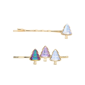 Christmas tree crystal hair clip set with multicolor rhinestones on gold bobby pins
