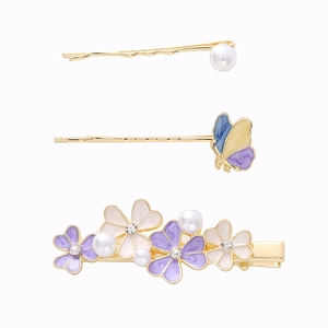 Set of 3 gold floral hair clips with lavender butterflies and pearls for women