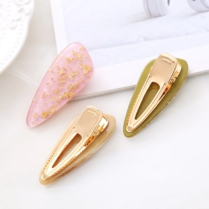 Chic marble patterned resin duckbill hair clip set with gold foil and solid green finish