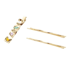 Elegant geometric gold hair clip set with colorful crystal rhinestones on white background
