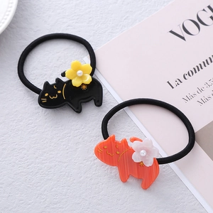 Elastici per capelli carini in acetato a forma di gatto con fiori neri e arancioni