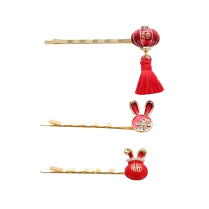 3Pcs Chinese New Year hair clips set featuring red rabbit, lantern and fortune bag charms