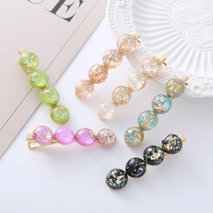 Set of 6 colorful resin hair clips with gold foil beads and metallic duckbill base