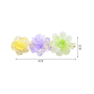 Detail view of colorful acetate flower hair clip with size dimensions 6cm and 2cm