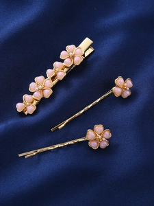 Dreiteiliges Set goldener Haarspangen mit rosa Glitzerblumen und weißen Perlen
