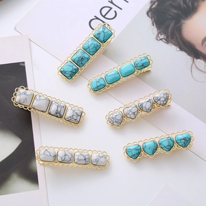 Bohemian style square and heart turquoise hair clip set with gold lace edges
