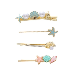 Starfish shell pearl hair clip set with ocean theme elements and colorful rhinestones
