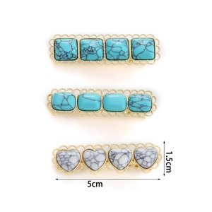 Detailed set of turquoise hair clips with white heart marble and gold lace edges