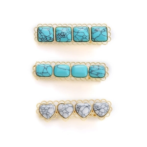 Set of 3 vintage turquoise and marble heart hair clips with golden lace filigree edges