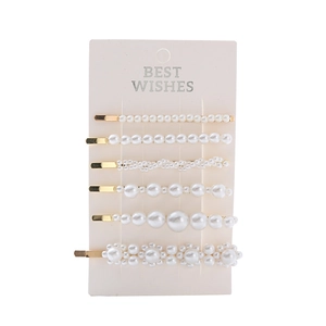 Elegantes 6-teiliges Perlen-Haarspangen-Set mit goldener Legierung auf weißer Karte