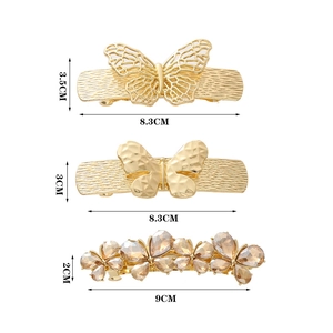 Three-piece set of gold butterfly hair clips and champagne crystal floral barrette with sizes