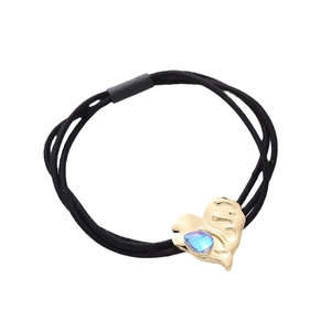 Elastic triple hair tie with gold heart metal and blue iridescent crystal stone