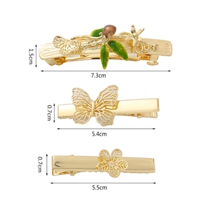 Detailed size comparison of three elegant gold alloy hair clips with butterfly and leaf designs