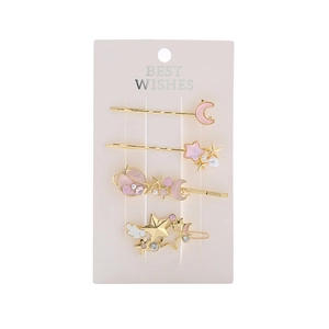 Haarklammern-Set mit Sternen, Monden und Perlen in Gold-Rosa auf weißer Karte