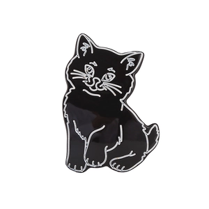 Cute black cat enamel pin with silver outlines for girls, minimalist kitten brooch design
