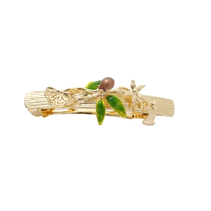 Elegant gold butterfly and green enamel leaf spring hair clip for women forest style