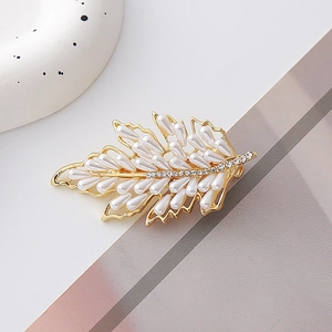 Barrette à cheveux épi de blé élégante avec perles blanches et strass sur alliage doré