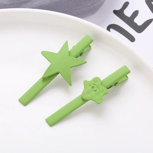 Matte macaron green star and smiley cloud hair clips set for women and girls