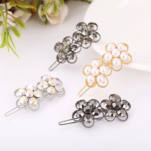 Elegant floral rhinestone hair clips with pearls and crystals in multi-color metal finishes