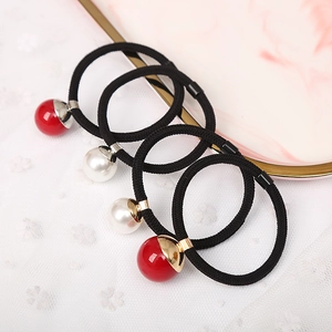 Women's Simple Elastic Hair Ties With Faux Artificial Pearl And Red Bead Decor Korean Style Elegant High Stretch Hair Rings Accessories