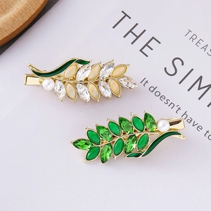 Vintage Wheat Ear Leaf Hair Clip With Faux Artificial Pearl Rhinestone Alloy Duckbill Side Clip Elegant Fashion Hair Jewelry For Women