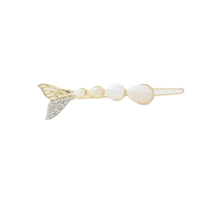 Exquisite gold-plated fishtail hair clip with sparkling rhinestones and white opals
