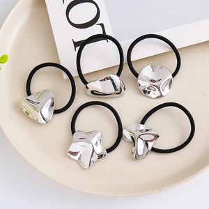 Set of 5 minimalist hair ties with silver metallic geometric charms and elastic bands