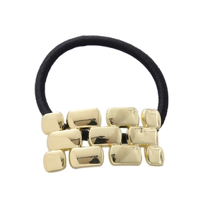 Chic brushed gold square chain hair tie with elastic black band for minimalist hair styling