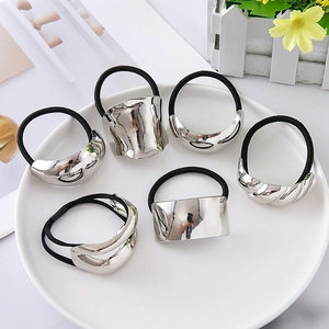 6-piece minimalist silver metal hair ties set with irregular textured surfaces for women