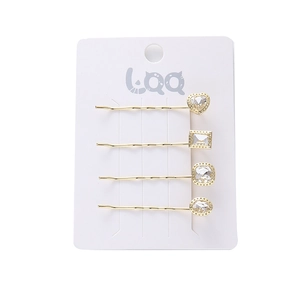 Set of 4 gold minimalist hair clips with sparkling crystal heart and geometric shapes