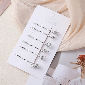 Set of 6 silver punk hair clips with rhinestones in star, heart and moon shapes