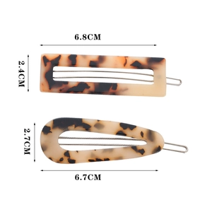 Detailed size view of rectangle and teardrop tortoise shell acrylic hair clips