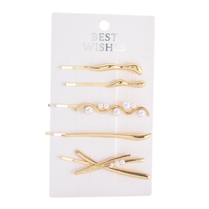 Lot de 5 pinces à cheveux dorées avec perles artificielles sur une carte de présentation