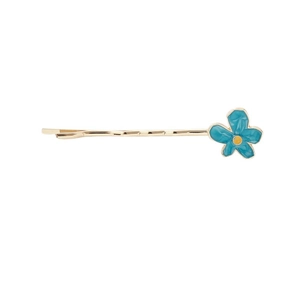 Barrette à cheveux dorée avec fleur en émail bleu et centre jaune au design épuré