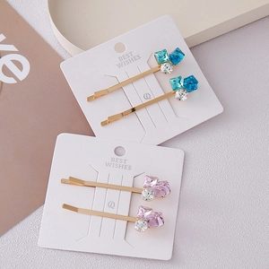 Elegant square rhinestone hair clips in blue and pink tones on gold alloy